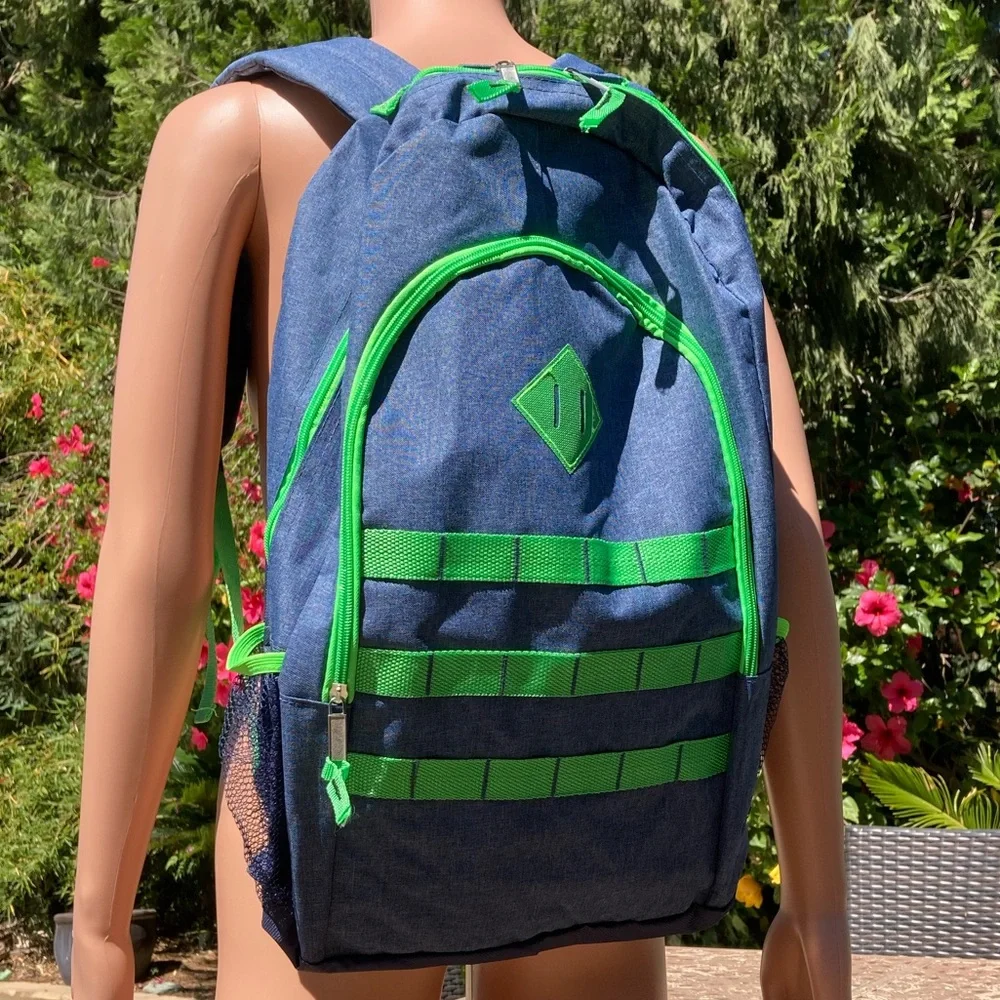 Navy Heather Backpack with Green Trim and Side Pockets New